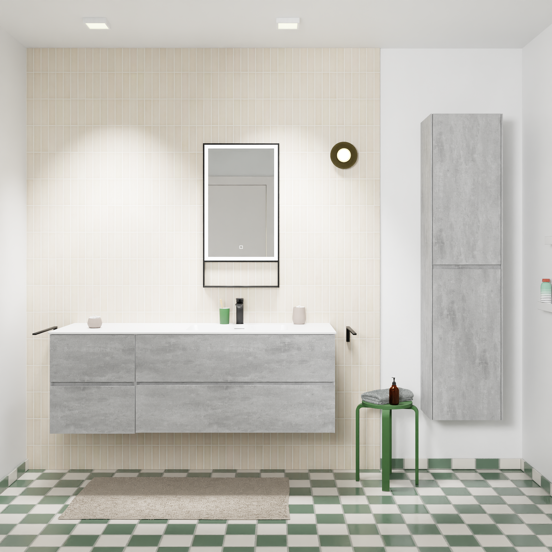 Storke Edge meuble salle de bains suspendu 150 x 52 cm béton gris foncé avec Mata plan vasque asymétrique à droite en solid surface blanc mat