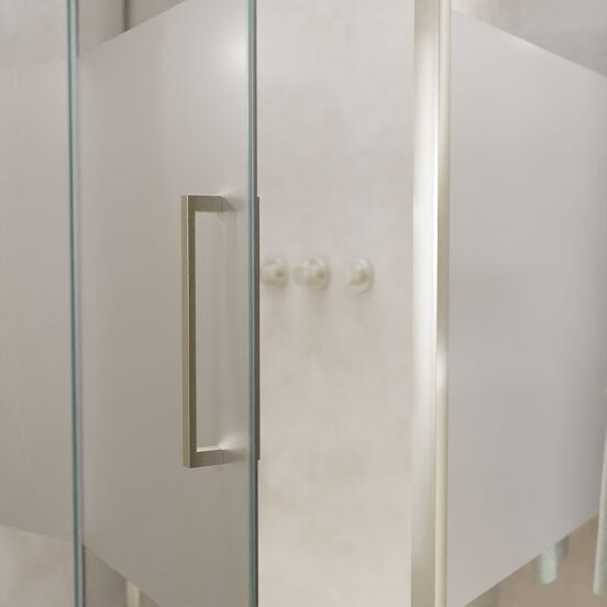 Balmani Senses Design douchehoek met linkse draaideur en vaste zijwand, 140 x 100 cm, Helder glas met matte strook, Brushed CoolMetal profielen, met coating
