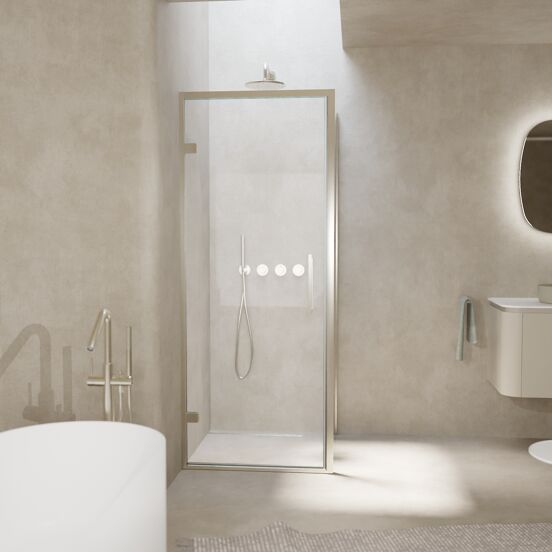 Balmani Senses Design douchehoek met linkse draaideur en vaste zijwand, 90 x 100 cm, Helder glas, Brushed CoolMetal profielen