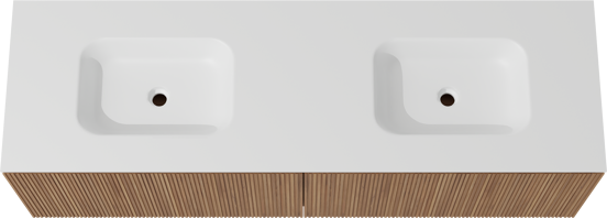 Balmani Eclips zwevend badkamermeubel 180 x 55 cm Teak met Tablo Arcato dubbele wastafel in Solid Surface mat wit, Verticale symmetrische rechte ribbel