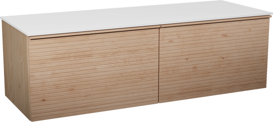 Balmani Forma hängendes Möbelstück Set: 150 x 55 cm, Naturbelassene Eiche, mit Stretto Einzel- oder Doppel Waschtischplatte, Solid Surface, Weiß matt, Horizontale symmetrische gerade Rippe