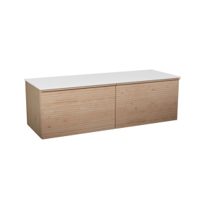 Balmani Forma zwevend badkamermeubel 150 x 55 cm natuur eik met Stretto enkel of dubbel tablet in solid surface mat wit, Horizontale symmetrische rechte ribbel