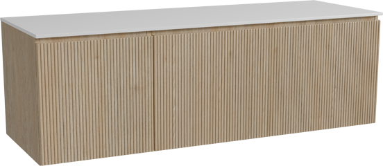 Storke Ribs hängendes Möbelstück Set: 150 x 52 cm, Rohe Eiche, mit Tavola Einzel- oder Doppel Waschtischplatte, Solid Surface, Weiß matt, Vertikale symmetrische gerade Rippe