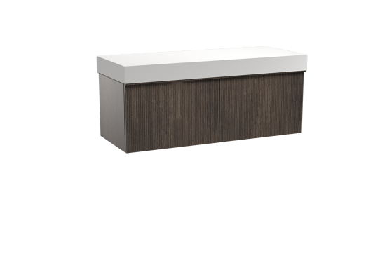 Balmani Forma meuble salle de bains suspendu 135 x 55 cm chêne fumé avec Dominus tablette simple ou double en solid surface blanc mat, Nervure droite symétrique verticale
