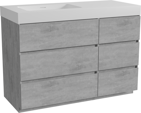 Storke Edge freistehendes Möbelstück Set: 120 x 52 cm, Beton dunkelgrau, mit Mata High Waschtisch links, Solid Surface Weiß matt