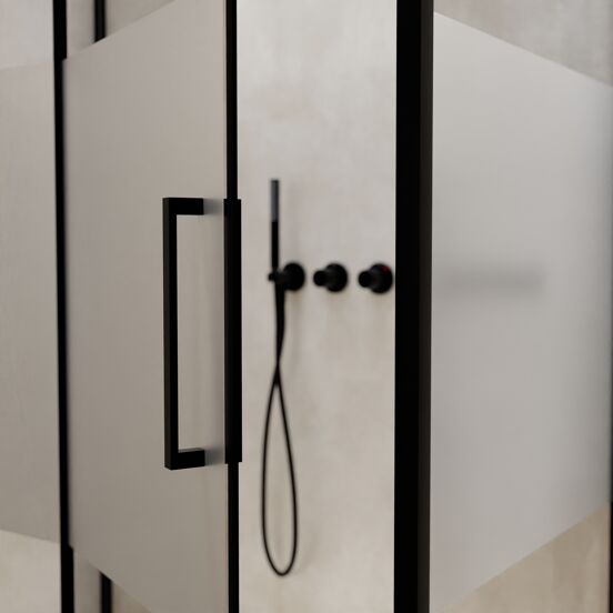 Balmani Senses Design douchehoek met linkse draaideur en vaste zijwand, 100 x 100 cm, Helder glas met matte strook, Zwarte profielen, met coating