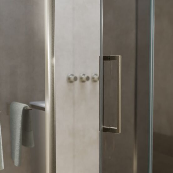 Balmani Senses Design douche en coin avec porte pivotante à droite et paroi latérale fixe, 140 x 100 cm, Miroir Reflex, Profil Brushed CoolMetal, coating inclus
