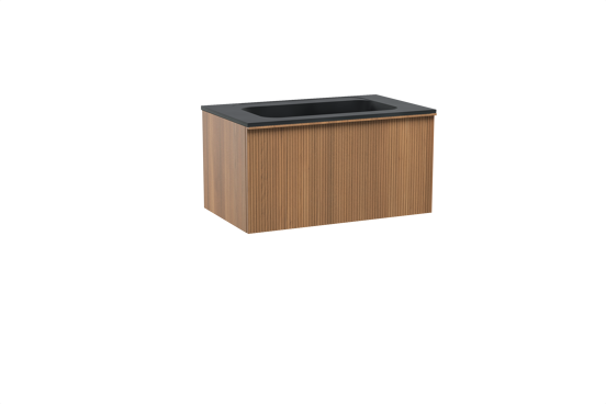 Balmani Forma zwevend badkamermeubel 90 x 55 cm teak met Tablo Strada enkele wastafel in composietmarmer mat zwart, Verticale symmetrische rechte ribbel