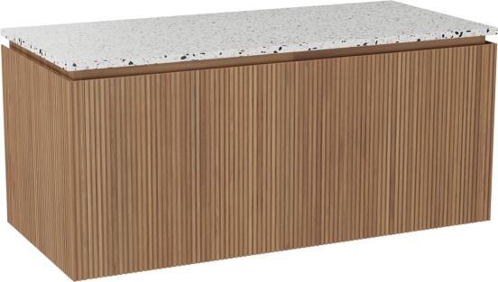 Balmani Eclips meuble salle de bains suspendu 120 x 55 cm Teck avec Stretto tablette simple ou double en Bianco Nero Terrazzo, Nervure droite symétrique verticale
