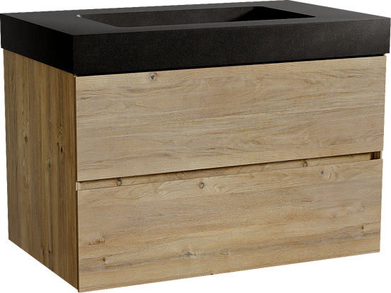 Storke Edge meuble salle de bains suspendu 85 x 52 cm chêne brut avec Scuro High plan simple en quartz noir mat