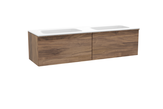 Balmani Forma zwevend badkamermeubel 180 x 55 cm amerikaanse notelaar met Tablo Strada dubbele wastafel in composietmarmer mat wit, Horizontale symmetrische rechte ribbel