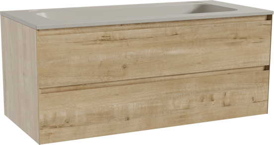 Balmani Mitra zwevend badkamermeubel 120 x 55 cm ruwe eik met Tablo Strada enkele wastafel voor 2 kraangaten in composietmarmer zijdegrijs