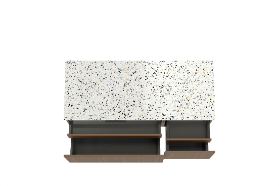 Balmani Sfera hängendes Möbelstück Set: 135 x 55 cm, Amerikanischer Nussbaum, mit Stretto Einzel- oder Doppel Waschtischplatte, Terrazzo in Weiß/Schwarz matt