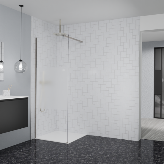 Balmani Modular Walk-In Dusche: 80 x 200 cm, Klarglas mit mattiertem Streifen, inklusive Coating, Profil Brushed CoolMetal