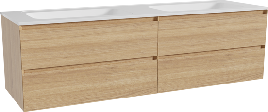 Balmani Mitra hängendes Möbelstück Set: 180 x 55 cm, Naturbelassene Eiche, mit Tablo Strada Doppelwaschtisch, Marmorkomposit Weiß glänzend