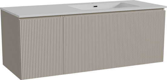 Storke Ribs zwevend badkamermeubel 130 x 52 cm zijdegrijs met Diva asymmetrisch rechtse wastafel in composietmarmer glanzend wit, Verticale symmetrische rechte ribbel