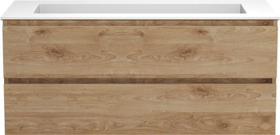 Balmani Lucida zwevend badmeubel 120 x 55 cm ruw eiken met Tablo Stretto enkele wastafel voor 2 kraangaten in solid surface mat wit