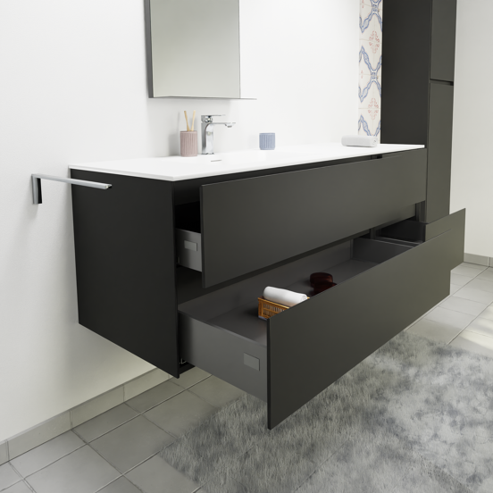 Storke Edge zwevend badmeubel 150 x 52 cm mat zwart met Scuro High asymmetrisch linkse wastafel in kwarts mat zwart