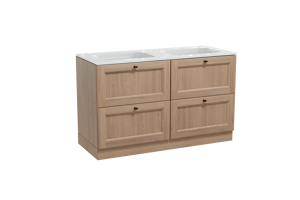 Balmani Lemon staand badmeubel 135 x 55 cm verweerd eiken met Tablo Strada dubbele wastafel in composietmarmer hoogglans wit