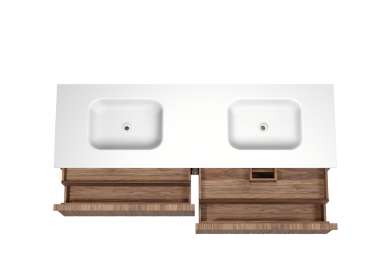 Balmani Forma zwevend badkamermeubel 180 x 55 cm amerikaanse notelaar met Tablo Arcato dubbele wastafel in solid surface mat wit, Verticale asymmetrische ronde ribbel