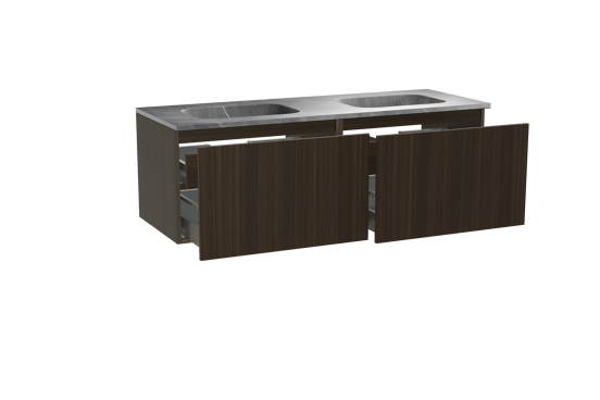 Balmani Sfera zwevend badmeubel 150 x 55 cm eucalyptus met Tablo Arcato dubbele wastafel in marmer pietra grey