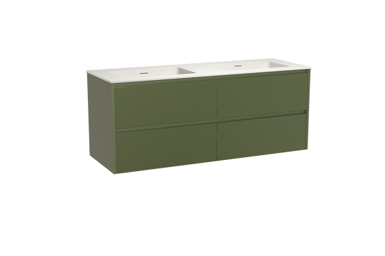 Storke Seda zwevend badkamermeubel 150 x 52 cm olijfgroen met Mata dubbele wastafel in solid surface mat wit