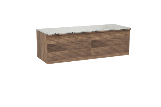 Balmani Forma hängendes Möbelstück Set: 150 x 55 cm, Amerikanischer Nussbaum, mit Stretto Einzel- oder Doppel Waschtischplatte, Terrazzo in Weiß/Schwarz matt, Horizontale symmetrische gerade Rippe
