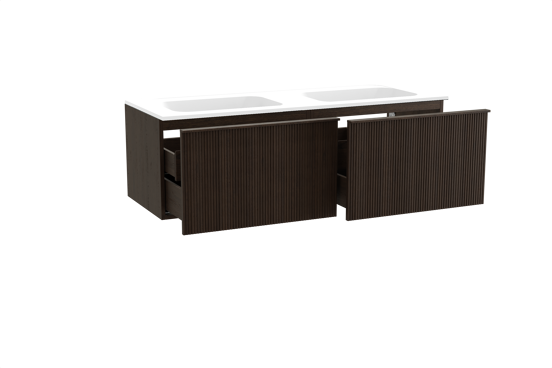 Balmani Forma meuble salle de bains suspendu 150 x 55 cm chêne fumé avec Tablo Strada double vasque en marbre composite blanc mat, Nervure droite symétrique verticale