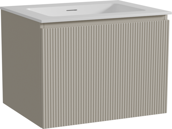 Storke Ribs meuble salle de bains suspendu 65 x 52 cm soie grise avec Mata plan simple en solid surface blanc mat, Nervure droite symétrique verticale