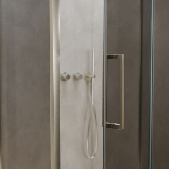 Balmani Senses Design douche en coin avec porte pivotante à droite et paroi latérale fixe, 100 x 80 cm, Miroir Reflex, Profil Brushed CoolMetal