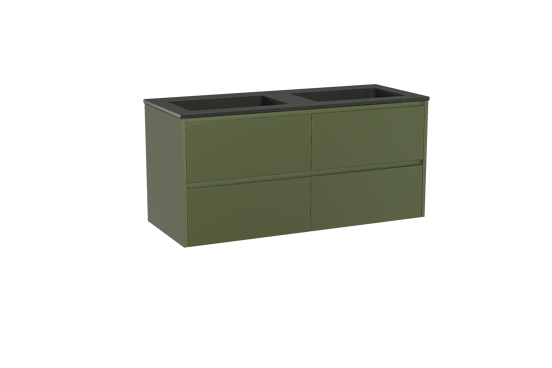 Storke Seda meuble salle de bains suspendu 130 x 52 cm vert olive avec Scuro double vasque en quartz noir mat