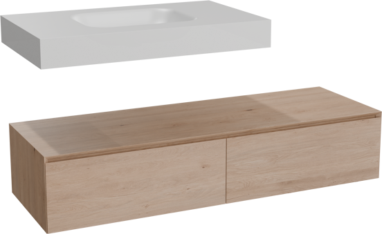 Balmani Mitra Elements hängendes Möbelstück Set: 150 x 55 cm, Naturbelassene Eiche mit Arcato Einzelwaschtisch 90 cm, Solid Surface Weiß matt
