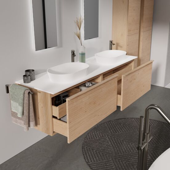 Balmani Forma hängendes Möbelstück Set: 180 x 55 cm, Naturbelassene Eiche, mit Stretto Einzel- oder Doppel Waschtischplatte, Solid Surface, Weiß matt, Horizontale symmetrische gerade Rippe