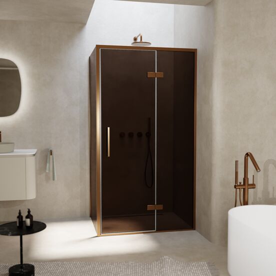 Balmani Senses Design douchehoek met rechtse draaideur en vaste zijwand, 100 x 90 cm, Brons, Brushed Rosegold profielen, met coating