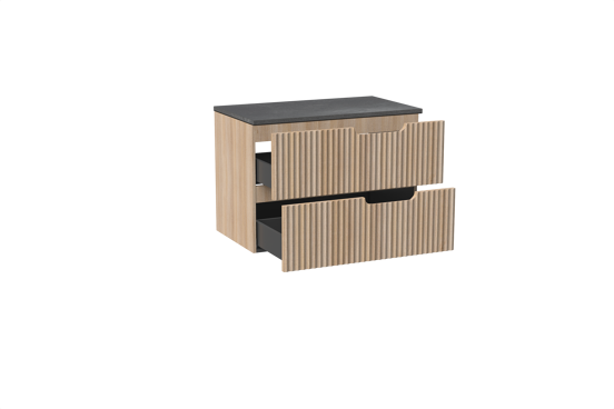 Linie Ribbo meuble salle de bains suspendu 80 x 46 cm chêne clair avec Lado tablette simple en mélaminé ardoise gris, Nervure circulaire symétrique verticale