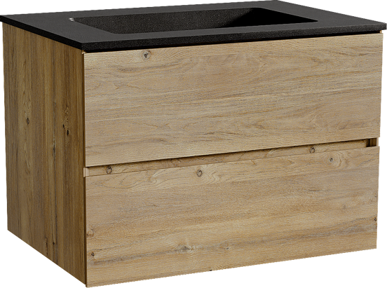 Storke Edge zwevend badmeubel 75 x 52 cm ruw eiken met Scuro enkele wastafel in kwarts mat zwart