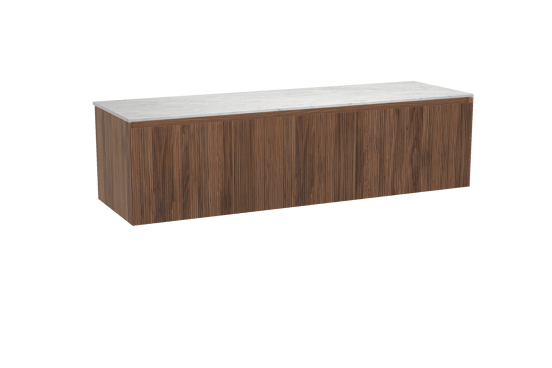 Balmani Fila zwevend badkamermeubel 180 x 55 cm notelaar met Stretto enkel of dubbel tablet in marmer carrara, Verticale symmetrische rechte ribbel