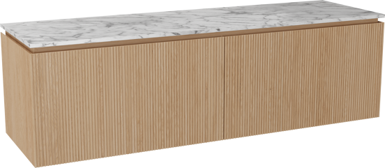 Balmani Eclips zwevend badkamermeubel 180 x 55 cm Natuur eik met Stretto enkel of dubbel tablet in Carrara marmer, Verticale symmetrische rechte ribbel