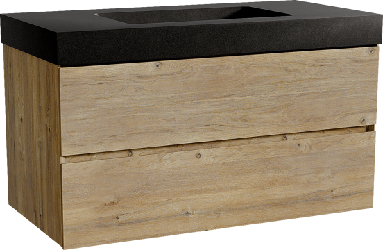 Storke Edge zwevend badmeubel 105 x 52 cm ruw eiken met Scuro High enkele wastafel in kwarts mat zwart