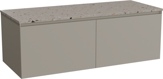 Balmani Idra hängendes Möbelstück Set: 135 x 55 cm, Steingrau, mit Stretto Einzel- oder Doppel Waschtischplatte, Terrazzo in Greige