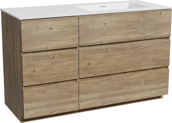 Storke Edge meuble salle de bains à poser 130 x 52 cm chêne brut avec Mata plan vasque asymétrique à droite en solid surface blanc mat