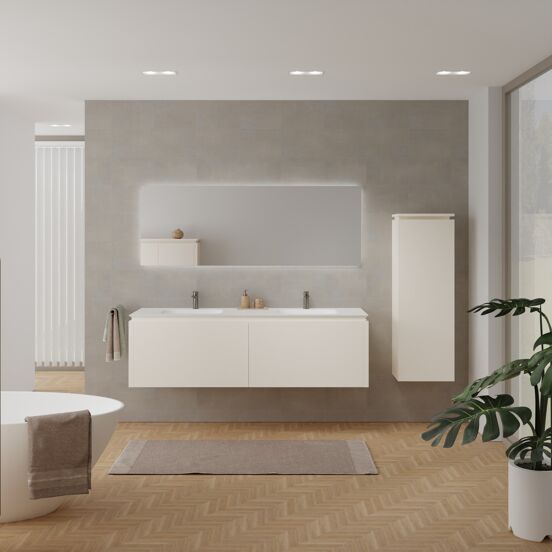 Balmani Eclips zwevend badkamermeubel 180 x 55 cm Sandbeige met Eclips dubbele wastafel in Solid Surface mat wit