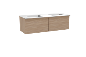 Balmani Forma hängendes Möbelstück Set: 150 x 55 cm, Naturbelassene Eiche, mit Tablo Stretto Doppelwaschtisch, Solid Surface, Weiß matt, Horizontale symmetrische gerade Rippe