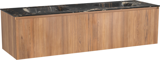 Balmani Idra zwevend badkamermeubel 180 x 55 cm teak met Tablo Arcato dubbele wastafel in marmer portoro gold