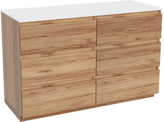 Balmani Lucida freistehendes Möbelstück Set: 135 x 55 cm, Teak, mit Stretto Einzel- oder Doppel Waschtischplatte, Solid Surface Weiß matt
