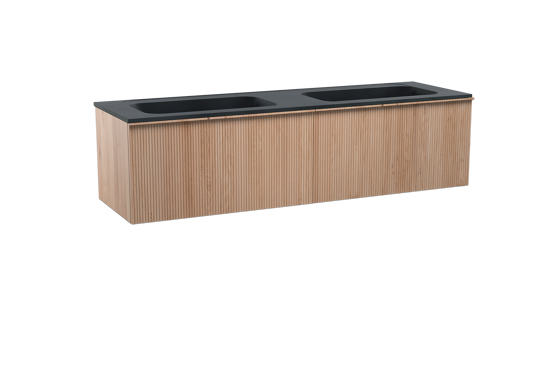 Balmani Forma meuble salle de bains suspendu 180 x 55 cm chêne naturel avec Tablo Strada double vasque en marbre composite noir mat, Nervure droite symétrique verticale