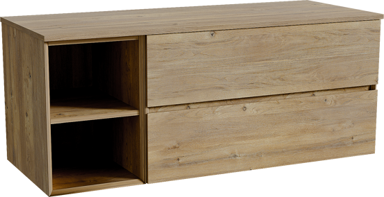 Storke Edge zwevend badmeubel 130 x 52 cm ruw eiken met Panton enkel of dubbel wastafelblad in melamine ruw eiken