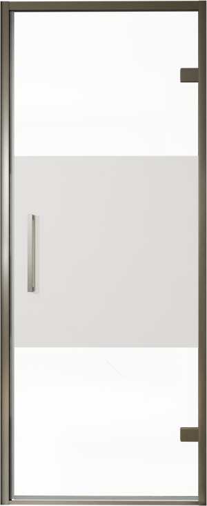 Balmani Senses Design Dusche Drehtür, Rechts, 90 cm x 210 cm, Klarglas mit mattiertem Streifen, Profil Brushed GunMetal, inklusive Coating