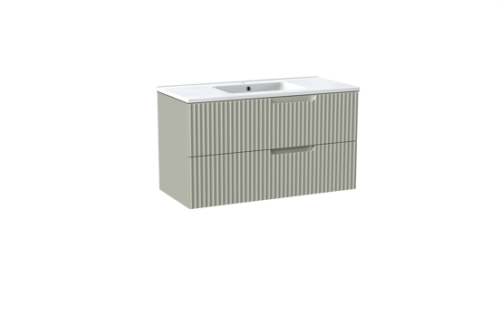 Linie Ribbo meuble salle de bains suspendu 100 x 46 cm greige avec Vano plan simple en marbre composite blanc brillant, Nervure circulaire symétrique verticale