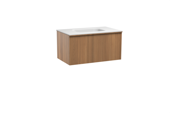 Balmani Forma zwevend badmeubel 90 x 55 cm teakhout met Tablo Arcato enkele wastafel in solid surface mat wit, Verticale symmetrische rechte ribbel